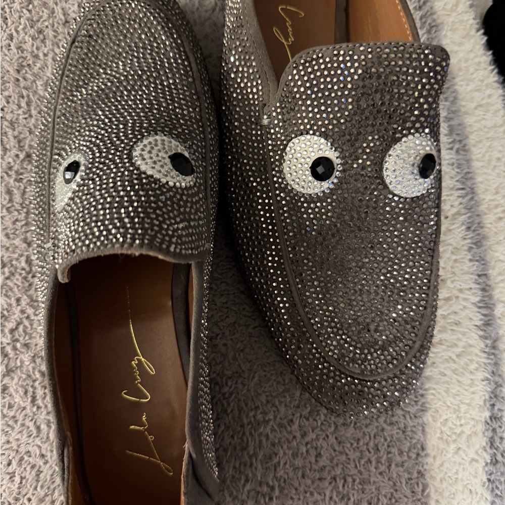 Lola Cruz size 7 Crystal Embellished Gray Loafers with Eye Detail